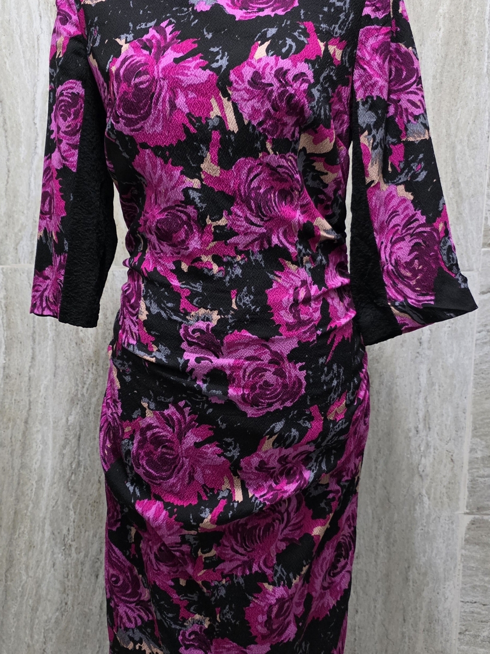 Tracy Reese Black and Fuchsia Floral Silk Midi Dress